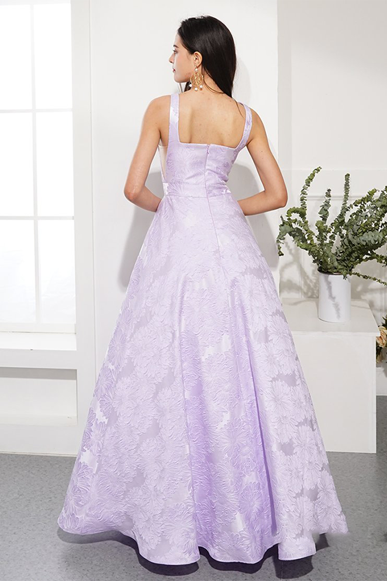 Lavender Prom Dress Embossing Round Neck Evening Dress