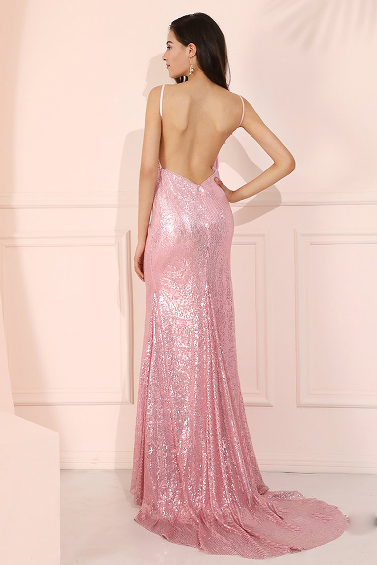 Mermaid Pink Long Prom Dresses Spaghetti Straps Evening Party Dresses