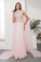 Gorgeous V Neck Pink Tulle Long Prom Evening Dresses With Appliques