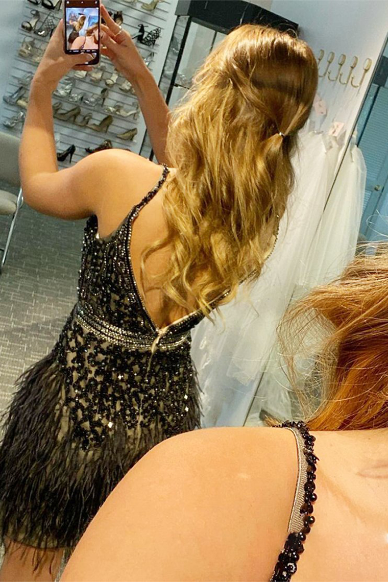 Glitter V-neck Black Tassel Gorgeous Homecoming Party Dress