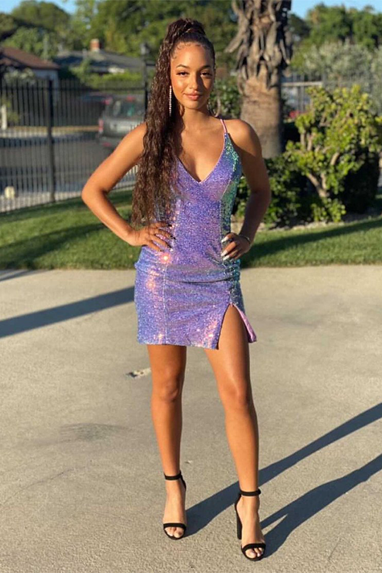 Lavender Fashion Glitter Party Dress Short Prom Dress