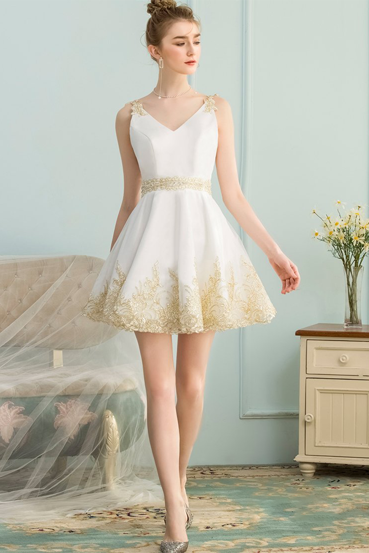 A-Line V-Neck Appliques Short White Satin Homecoming Dress