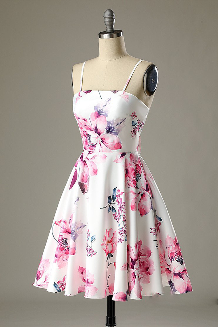 Short Pink Floral-Print Satin Homecoming Dress