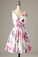 Short White Floral-Print Satin Homecoming Dress