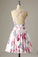 Short White Floral-Print Satin Homecoming Dress