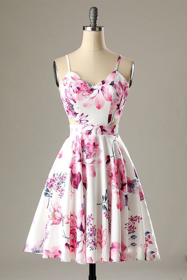 A-Line Straps Printed Short White Satin Homecoming Party Dress
