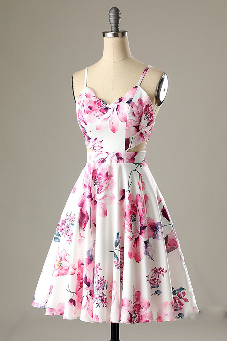 A-Line Straps Printed Short White Satin Homecoming Party Dress