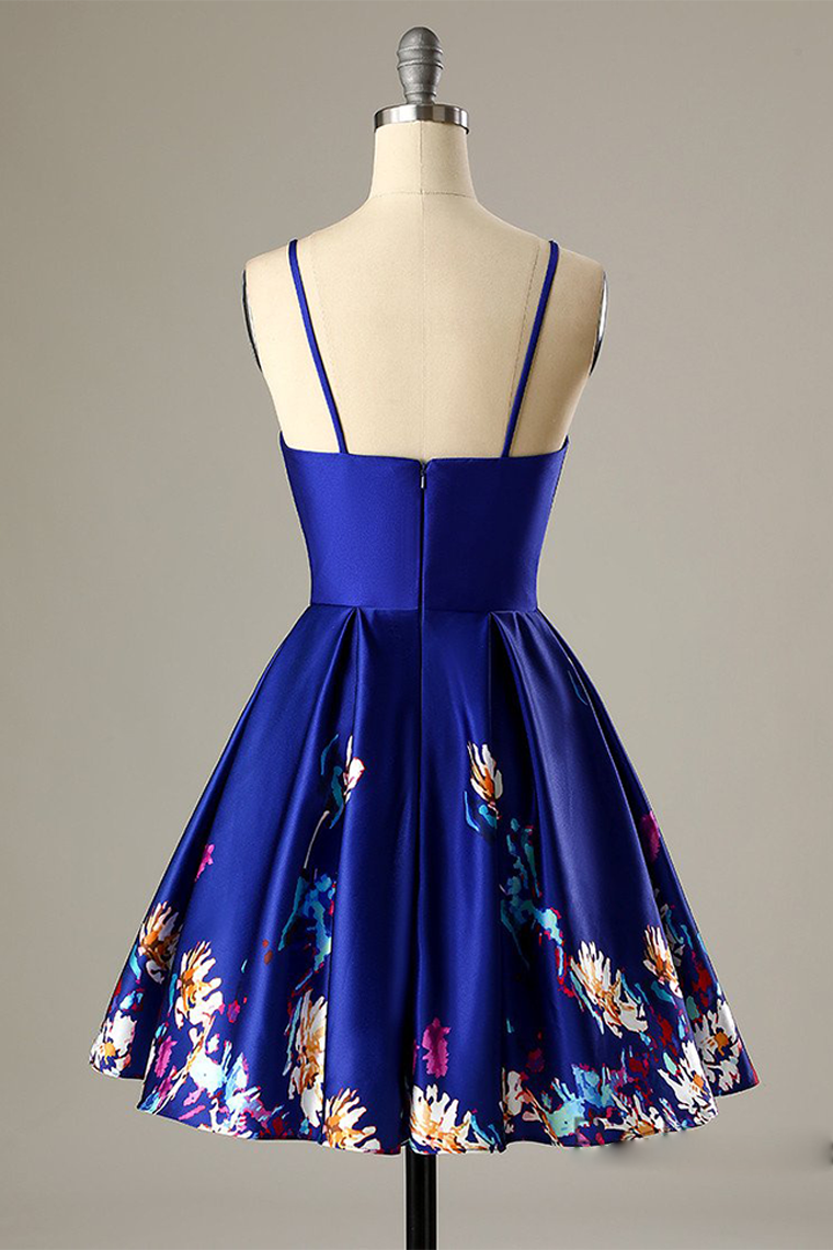 Short A-Line Floral-Print V-Neck Party Dress