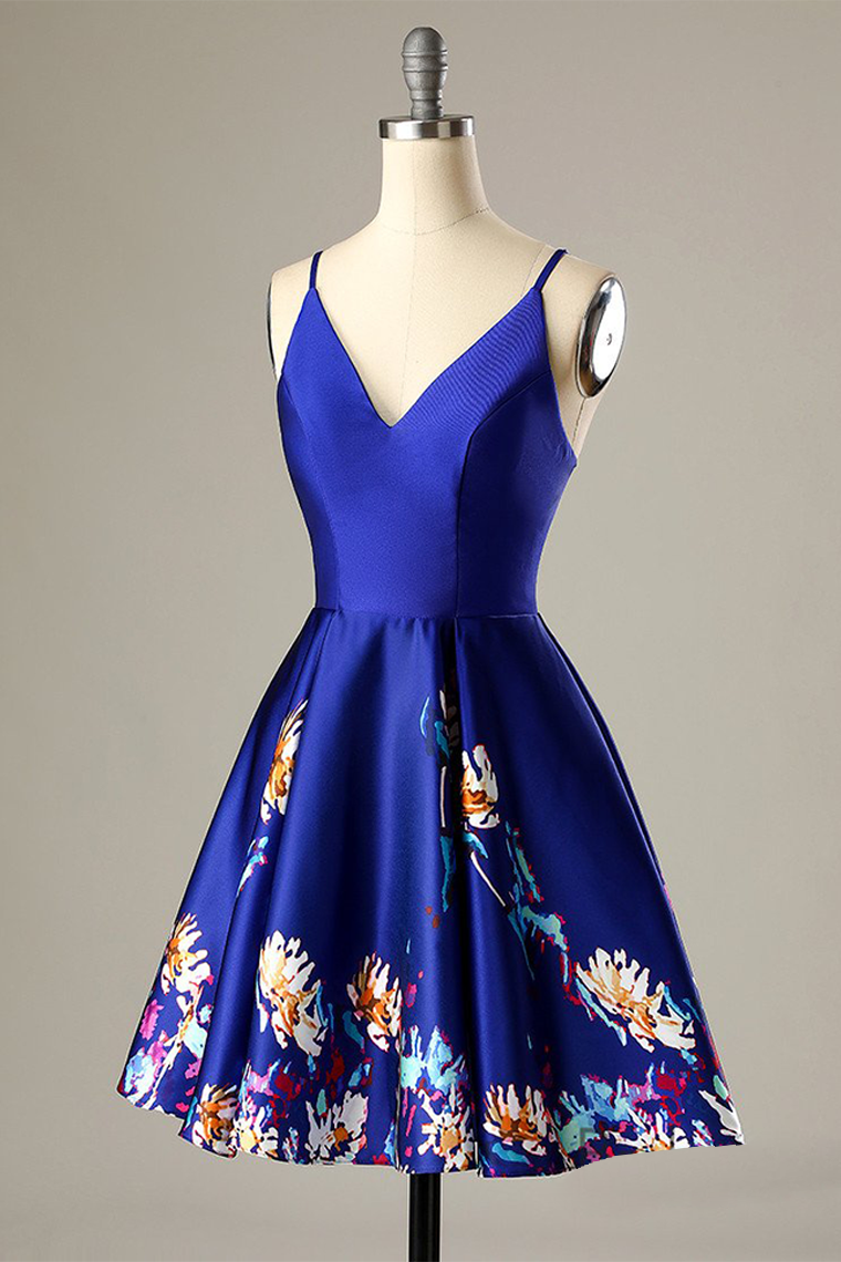 Short A-Line Floral-Print V-Neck Party Dress