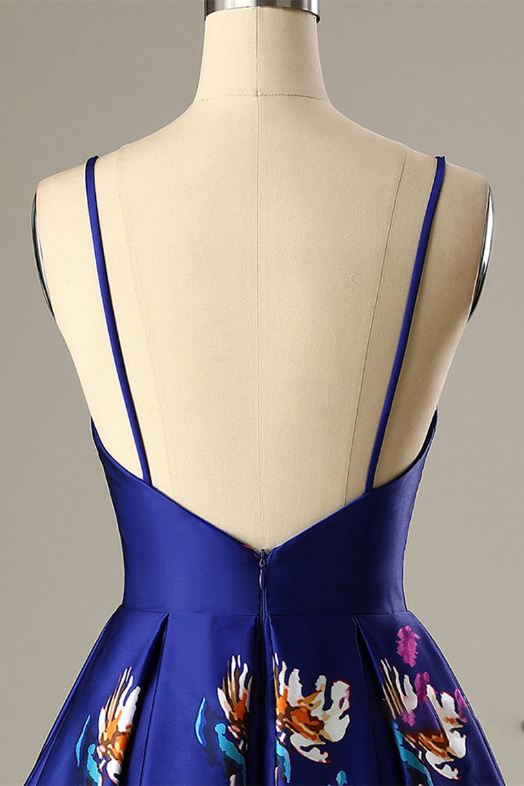 A-Line Spaghetti Straps Short Royal Blue Satin Homecoming Dress