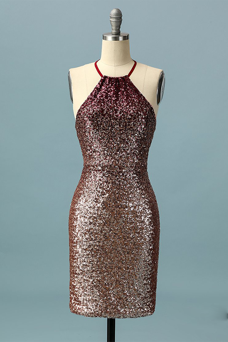 Sheath Halter Ombre Sequin Open Back Homecoming Dress