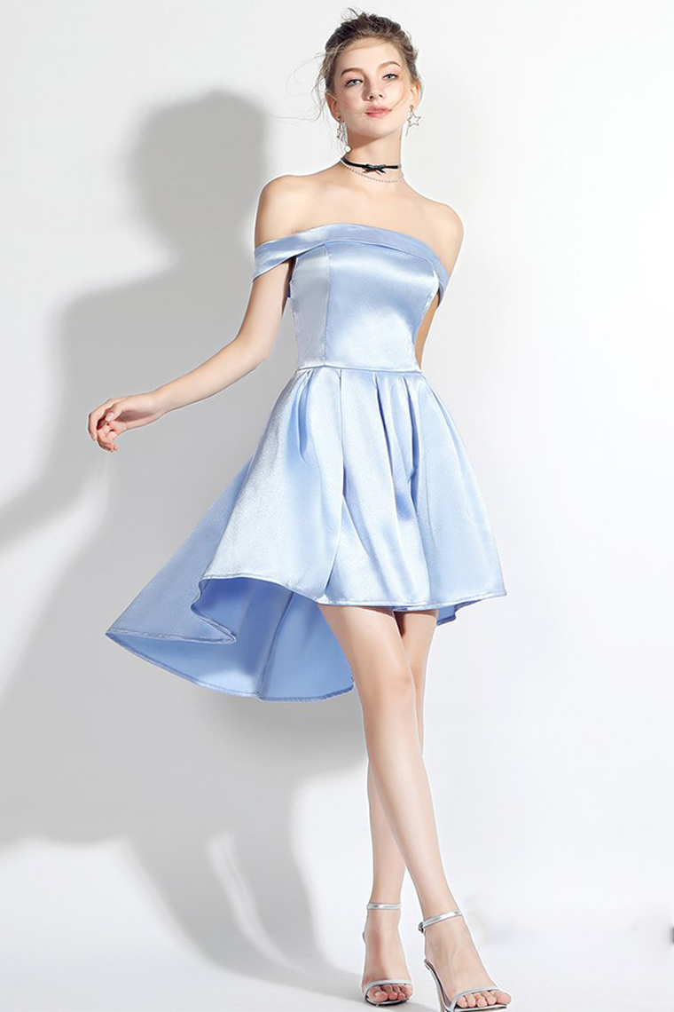 High Low Off-the-Shoulder Light Sky Blue Satin Homecoming Dress