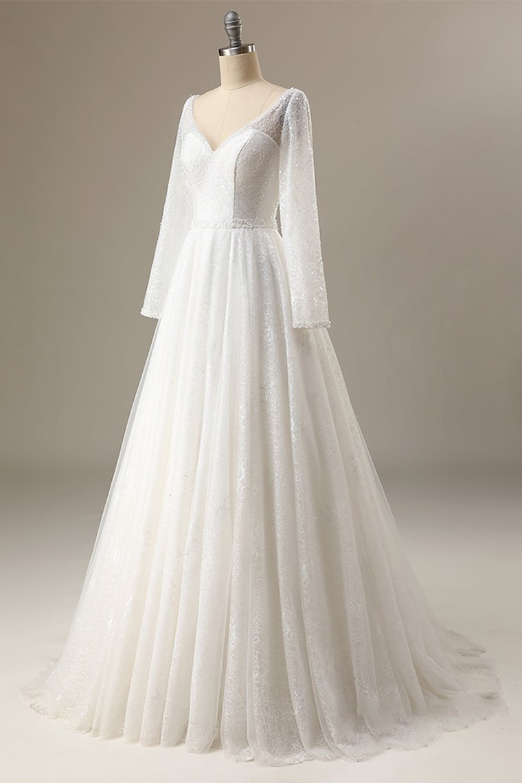 Illusion Sleeve Plunging Gown Wedding Dress