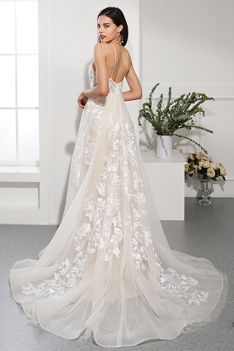 V-Neck Applique Long Wedding Dress