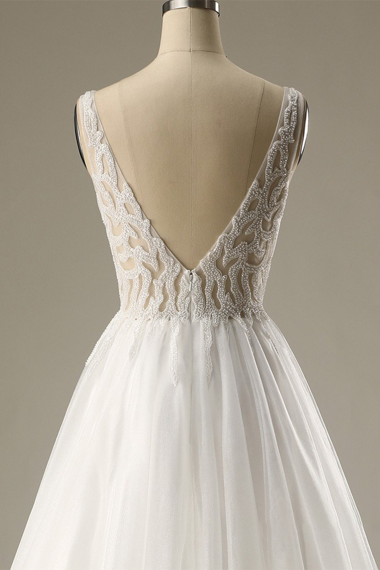 A-line Sleeveless V-neck Beading Wedding Dress