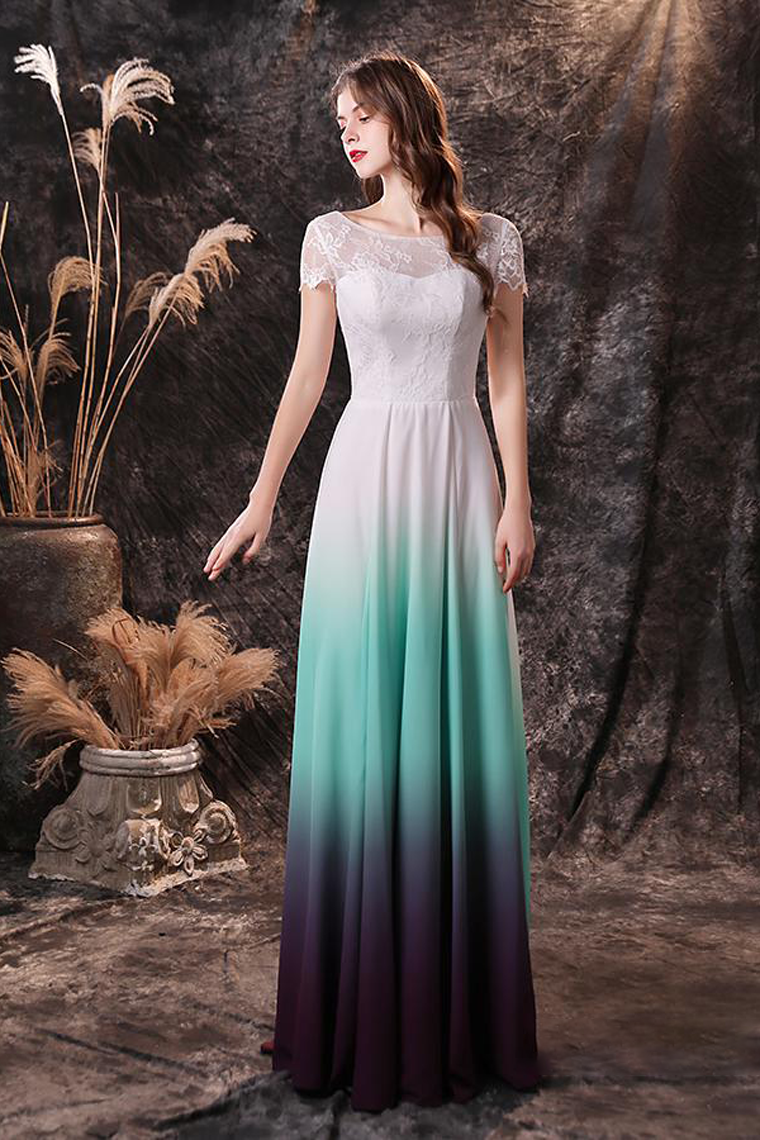 Unique Short Sleeve Ombre Mint Chiffon Wedding Dress