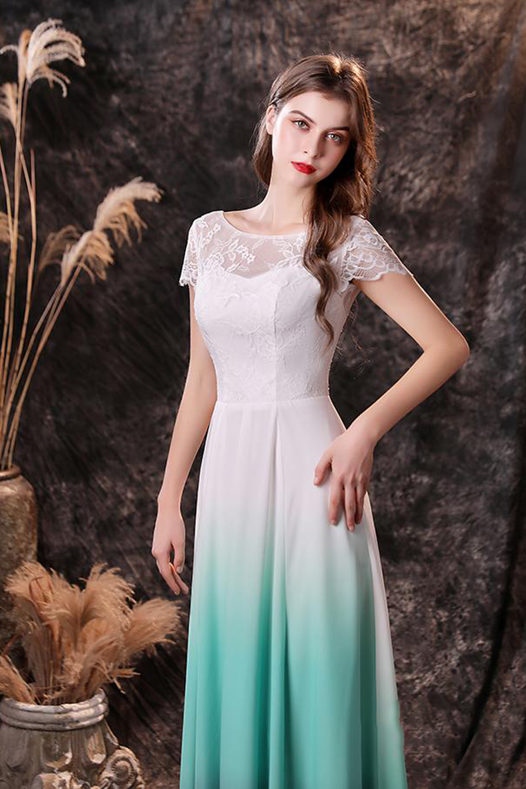 Unique Short Sleeve Ombre Mint Chiffon Wedding Dress
