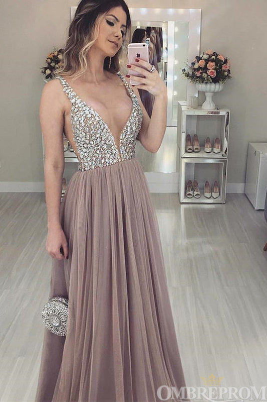 Chic Deep V Neck A Line Sleeveless Prom Dresses with Beading