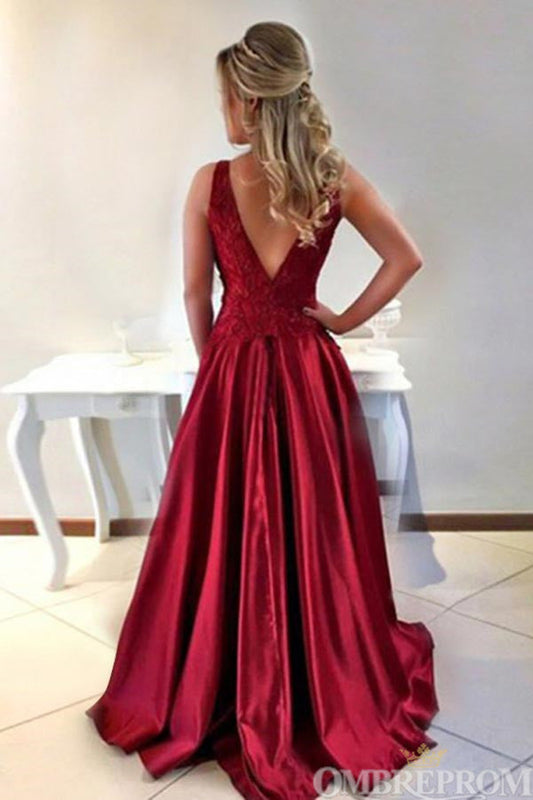 Chic Round Neck Sleeveless Satin A Line Prom Dresses with Appliques