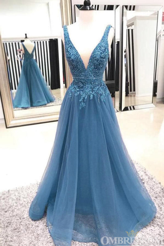 Simple V Back Sleeveless Lace Appliques Tulle Long Prom Dresses
