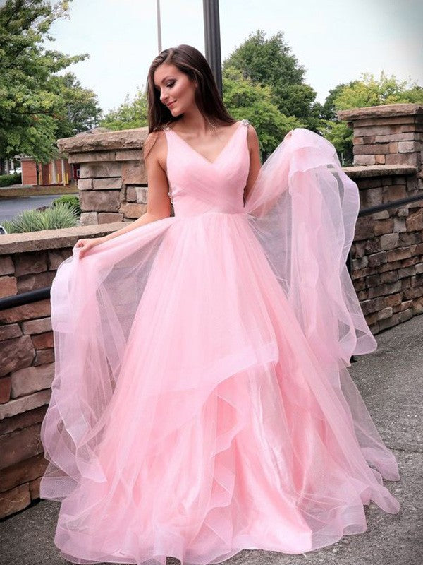 A-Line/Princess Tulle Ruched Sleeveless Sweep/Brush Train V-neck Dresses HEP0001778