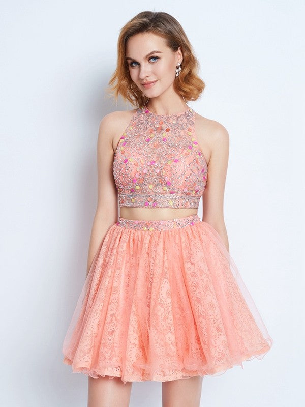 A-Line/Princess Jewel Sleeveless Lace Beading Short/Mini Two Piece Dresses HEP0008815