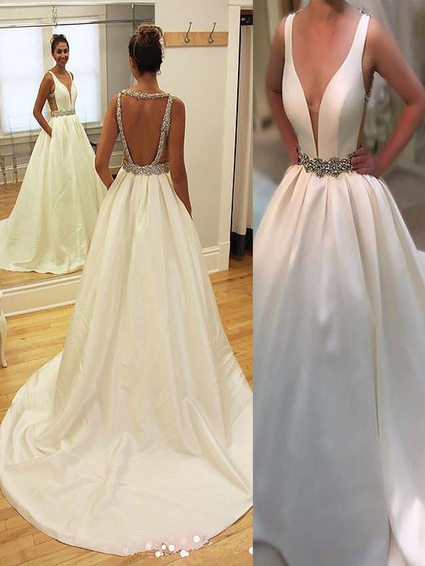 A-Line/Princess Court Train Satin V-neck Sleeveless Wedding Dresses HEP0006163