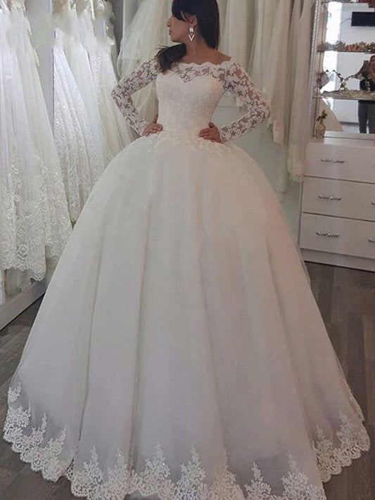 Ball Gown Long Sleeves Off-the-Shoulder Sweep/Brush Train Applique Lace Wedding Dresses HEP0006425
