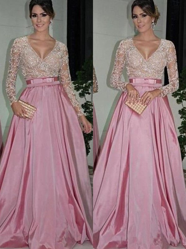 A-Line/Princess Long Sleeves V-neck Floor-Length Lace Satin Dresses HEP0002757