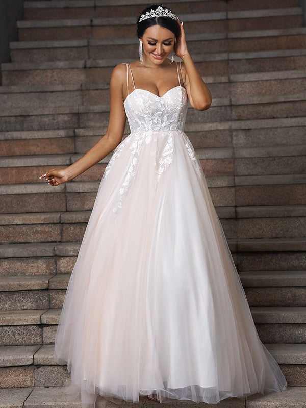 A-Line/Princess Tulle Applique Sweetheart Sleeveless Sweep/Brush Train Wedding Dresses HEP0006507