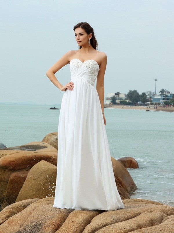 A-Line/Princess Sweetheart Beading Sleeveless Long Chiffon Beach Wedding Dresses HEP0006539