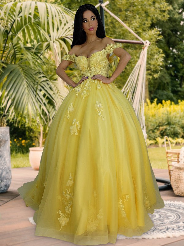 Ball Gown Tulle Applique Off-the-Shoulder Sleeveless Sweep/Brush Train Dresses HEP0001511