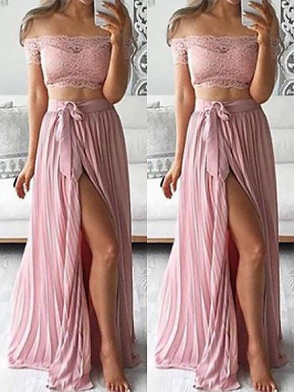 A-Line/Princess Off-the-Shoulder Sleeveless Chiffon Floor-Length Lace Two Piece Dresses HEP0002112
