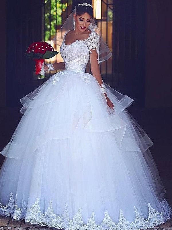 Ball Gown Sweetheart Long Sleeves Floor-Length Lace Tulle Wedding Dresses HEP0006303
