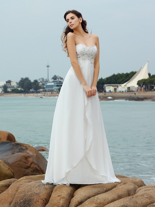 A-Line/Princess Sweetheart Beading Sleeveless Long Chiffon Beach Wedding Dresses HEP0006254
