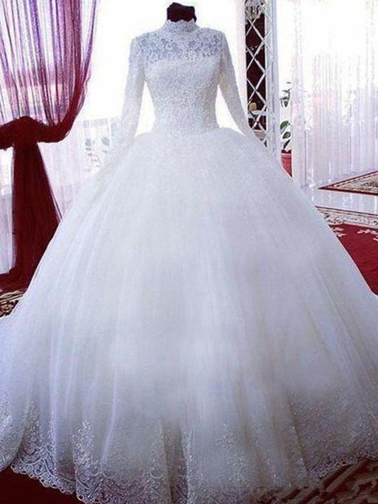 Ball Gown Lace Tulle High Neck Long Sleeves Chapel Train Wedding Dresses HEP0006420