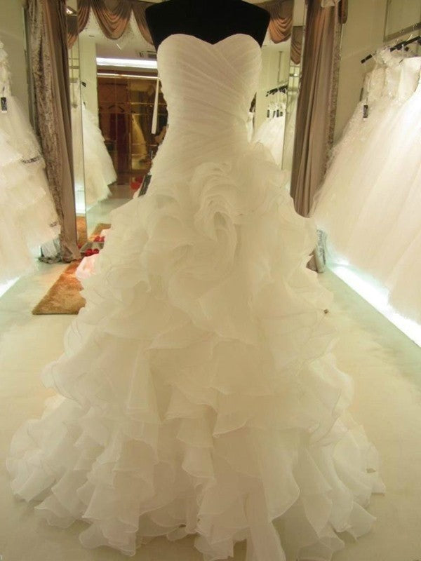 Ball Gown Ruffles Sweetheart Organza Sleeveless Court Train Wedding Dresses HEP0005987