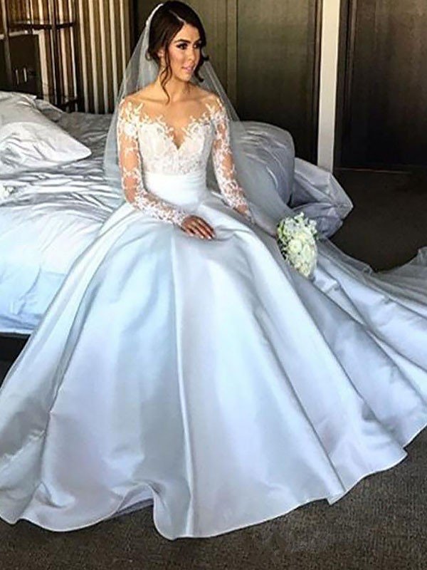 Ball Gown Long Sleeves Satin Court Train Wedding Dresses HEP0006192