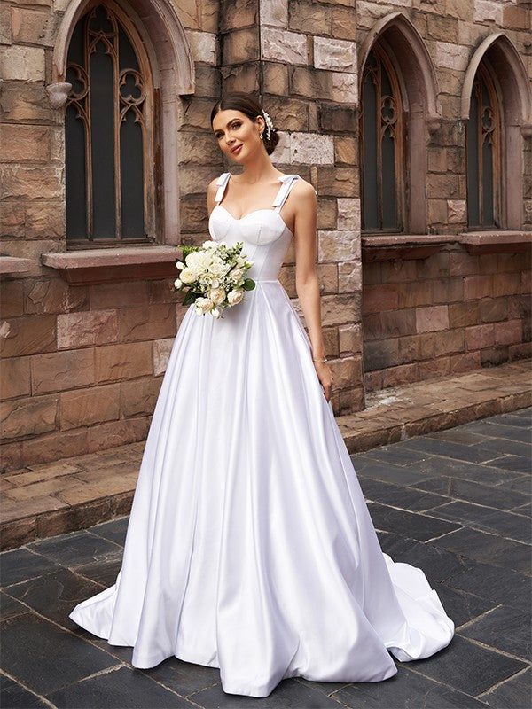 A-Line/Princess Satin Ruffles Straps Sleeveless Sweep/Brush Train Wedding Dresses HEP0006084