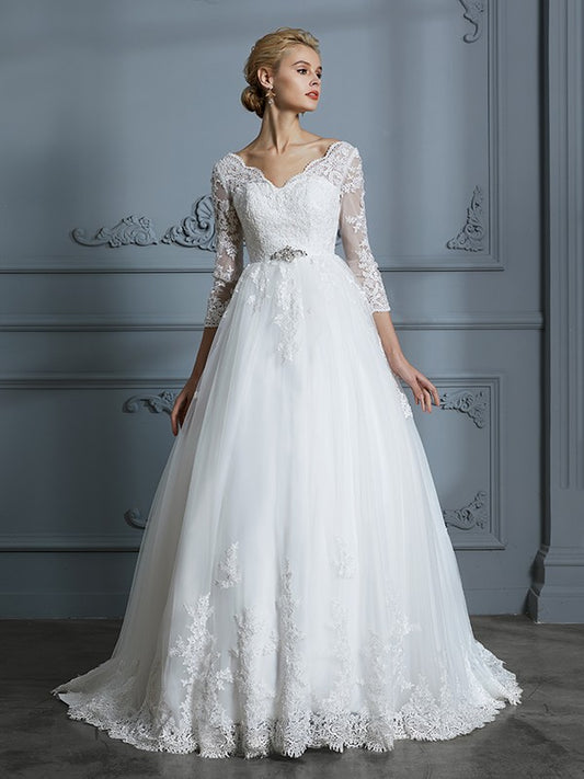 Ball Gown V-neck 3/4 Sleeves Court Train Lace Tulle Wedding Dresses HEP0006428