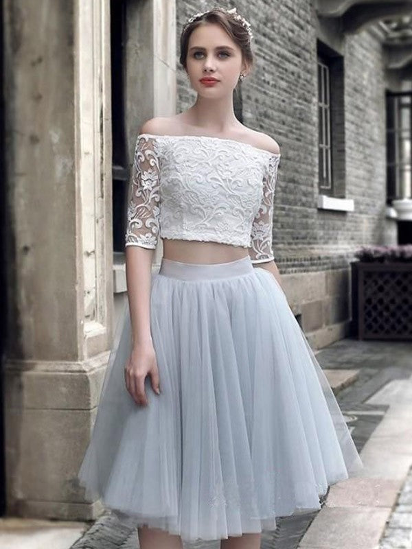 A-Line/Princess Tulle Ruched Off-the-Shoulder 1/2 Sleeves Knee-Length Two Piece Dresses HEP0008783