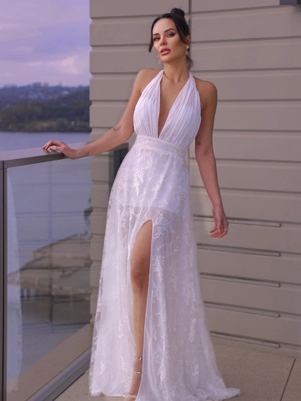 A-Line/Princess Lace Ruched Halter Sleeveless Floor-Length Wedding Dresses HEP0006073