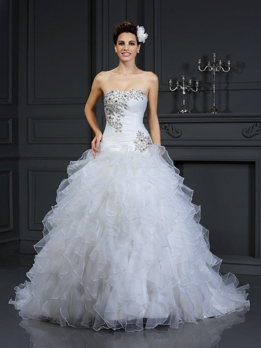 Ball Gown Strapless Beading Sleeveless Long Organza Wedding Dresses HEP0006430