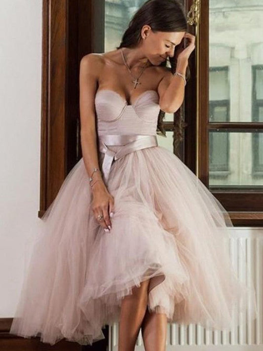 Leanna Homecoming Dresses A-Line/Princess Tulle Sash/Ribbon/Belt Sweetheart Sleeveless Tea-Length