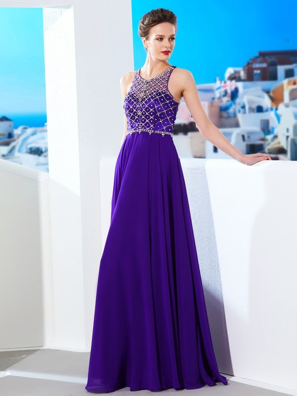 A-Line/Princess Sleeveless Chiffon Scoop Crystal Floor-Length Dresses HEP0002539