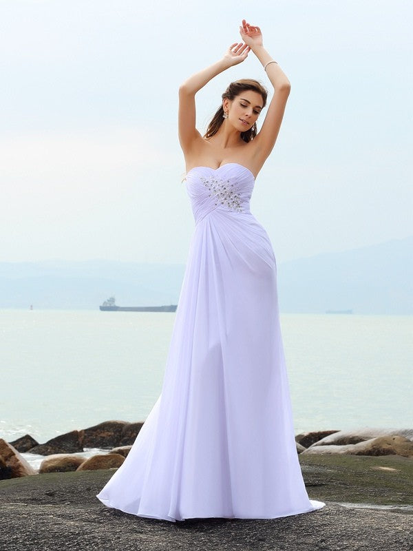 Sheath/Column Sweetheart Beading Sleeveless Long Chiffon Beach Wedding Dresses HEP0006245