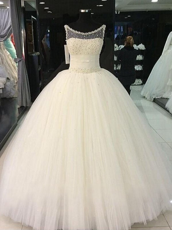 Ball Gown Scoop Beading Tulle Sleeveless Floor-Length Wedding Dresses HEP0006203