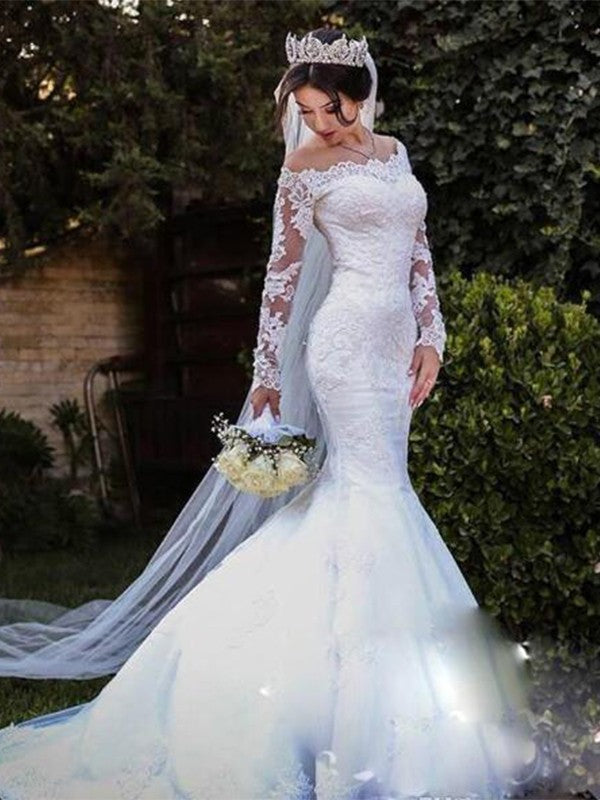 Trumpet/Mermaid Tulle Lace Off-the-Shoulder Long Sleeves Sweep/Brush Train Wedding Dresses HEP0006391
