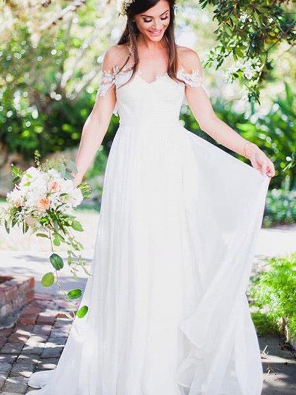A-Line/Princess Sleeveless Off-the-Shoulder Sweep/Brush Train Applique Lace Chiffon Wedding Dresses HEP0006360