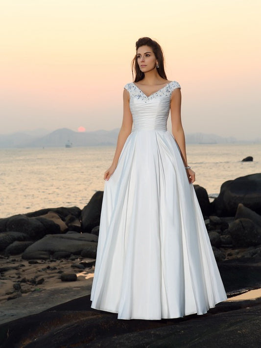 A-Line/Princess V-neck Beading Sleeveless Long Taffeta Beach Wedding Dresses HEP0006380